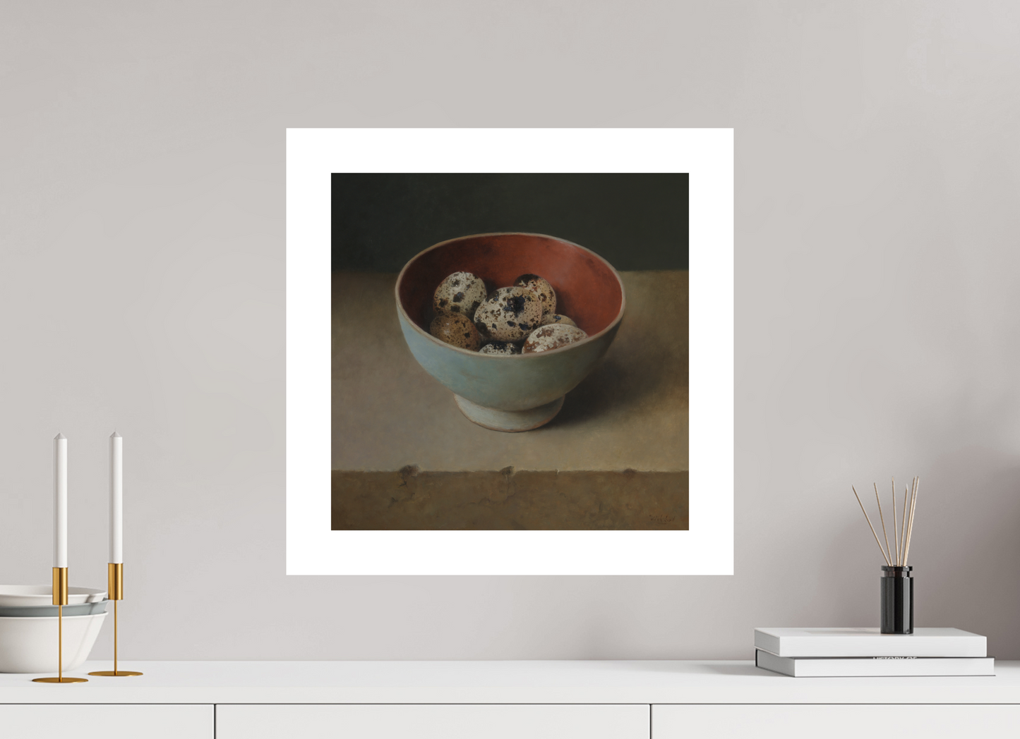 40 x 40 cm, Artprint op aquarelpapier Quail Eggs in Wooden Bowl